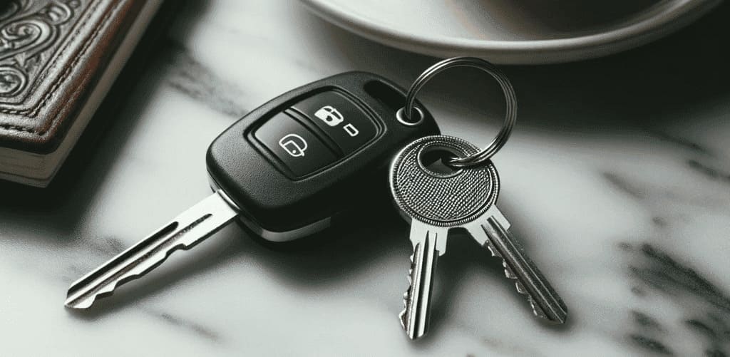 El duplicado de las llaves del coche, en este caso las llaves de un coche sobre el una mesa de mármol